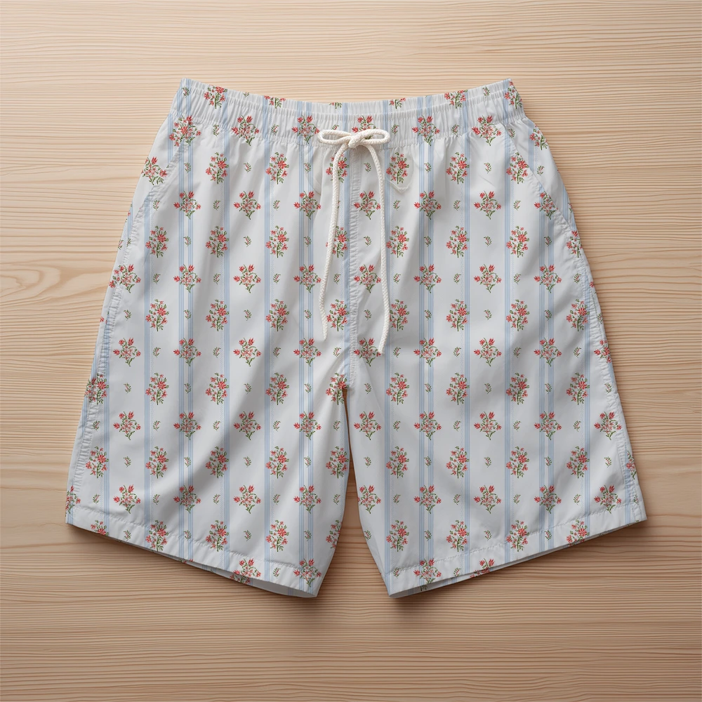 Beach Shorts – French Country Blue Stripe and Blooms