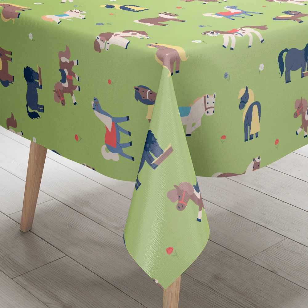 Tablecloth – Funny Flat Ponies on Green Meadow