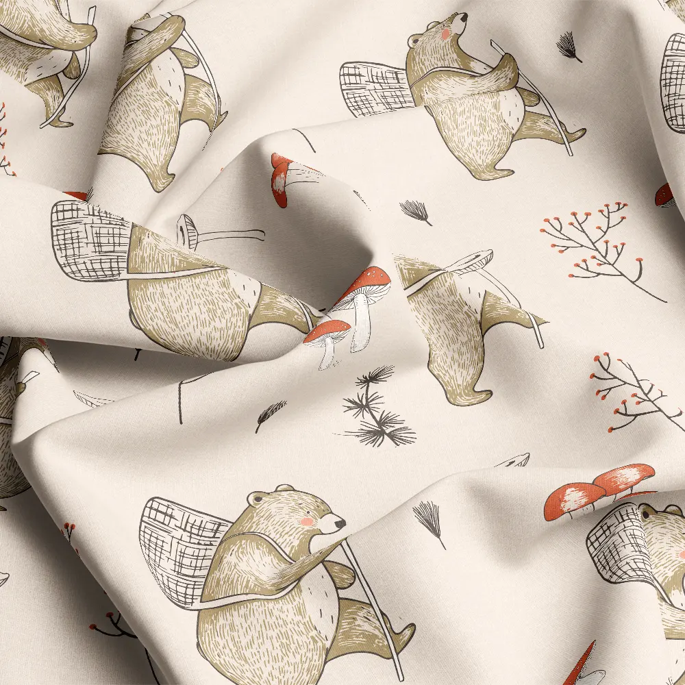 Vintage Woodland Hiking Bear Mushroom Pattern – Custom Print Fabrics