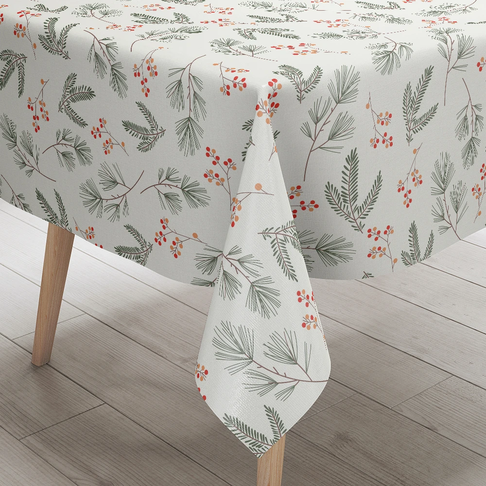 Tablecloth – Evergreen Fir Branches & Red Berries