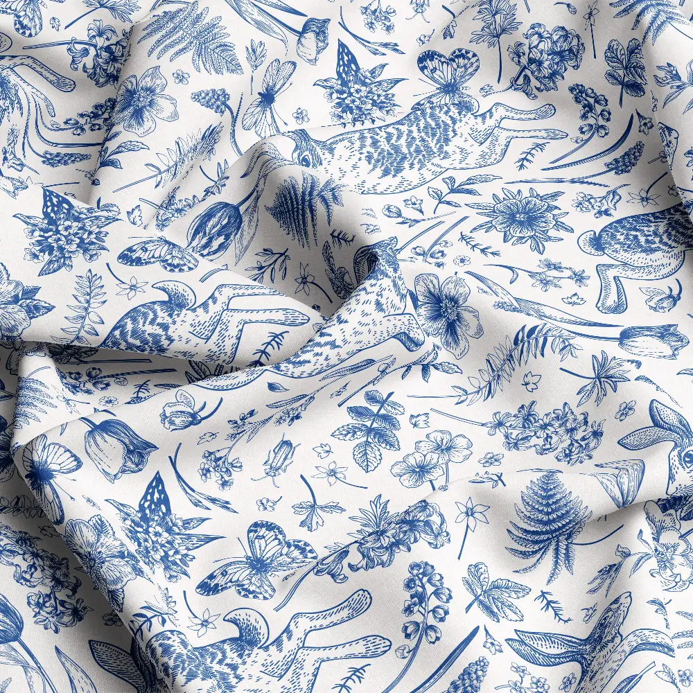 Vintage Blue Willow Toile Bunny Botanical Pattern – Custom Print Fabrics