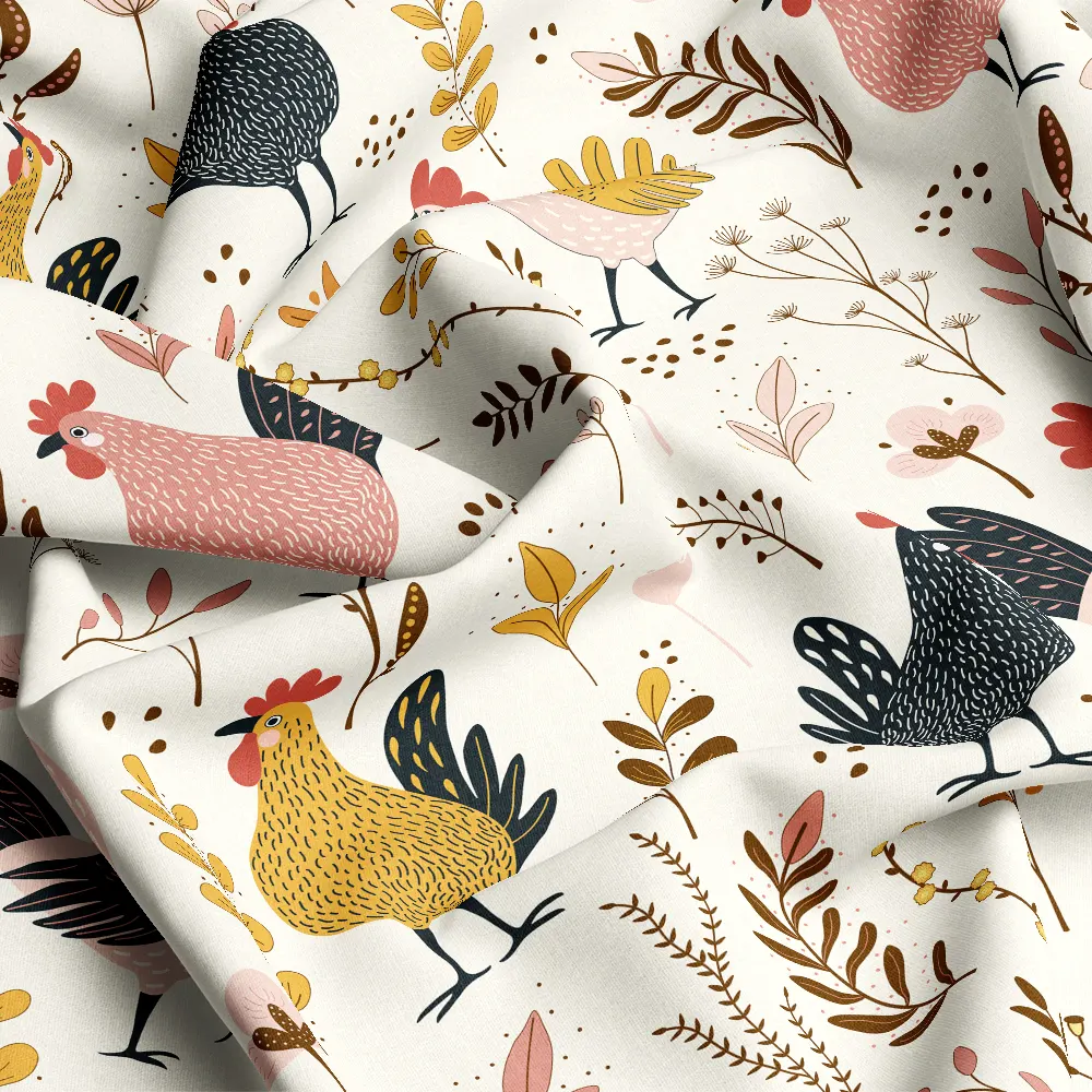 Rustic Folk Farmhouse Rooster Hen Botanical Pattern – Custom Print Fabrics
