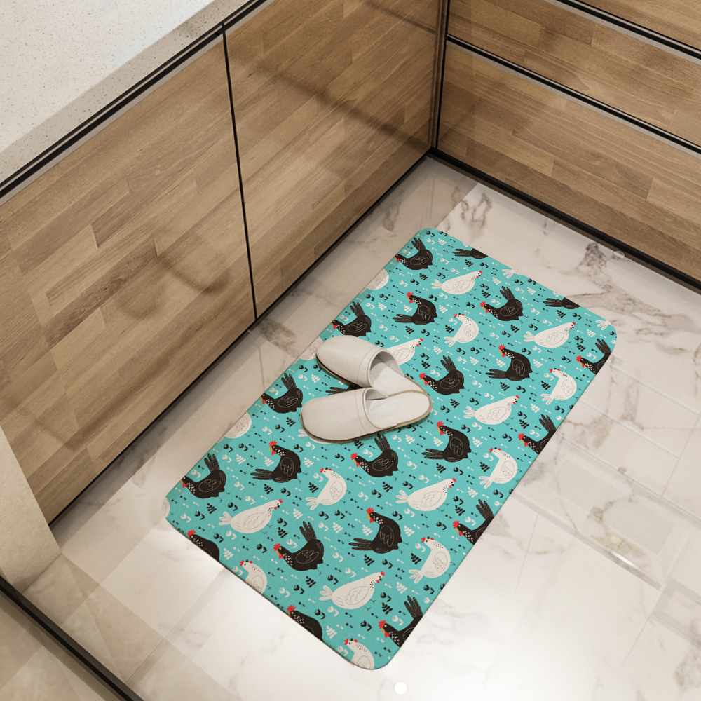 Kitchen Floor Mats – Cute Black & White Chickens on Turquoise