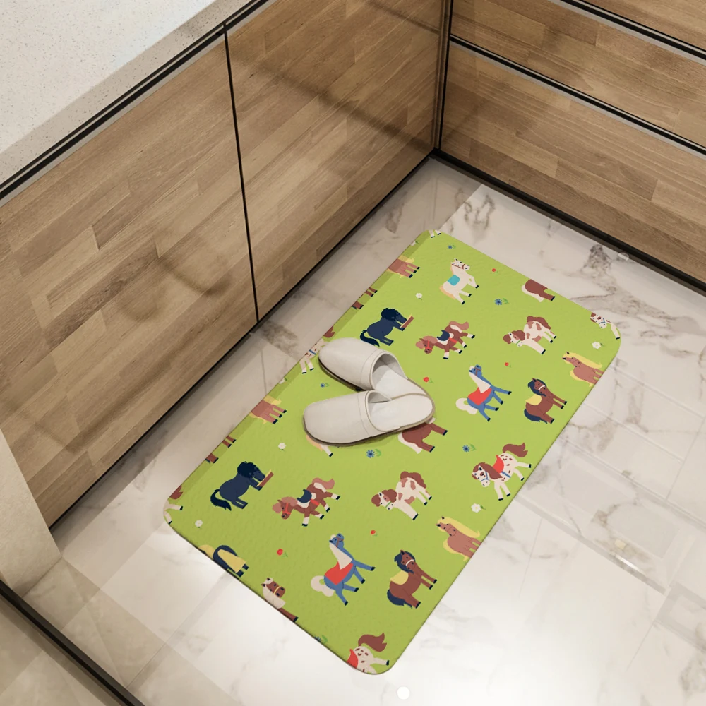 Kitchen Floor Mats – Funny Flat Ponies on Green Meadow