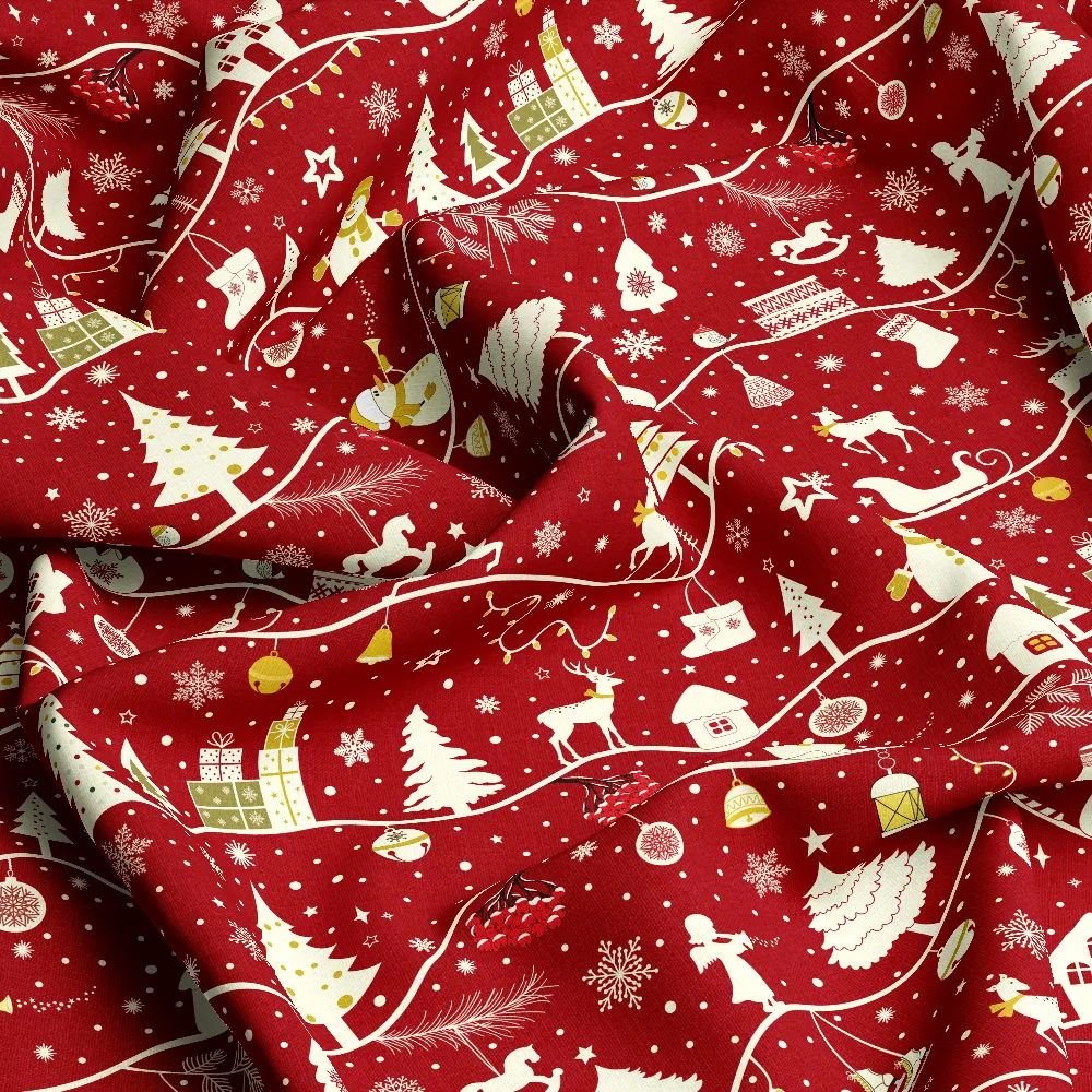 Vintage Festive Red Christmas Reindeer Snowman Stripe Pattern – Custom Print Fabrics