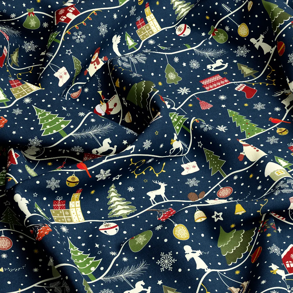 Vintage Dark Navy Christmas Reindeer Snowman Stripe Pattern – Custom Print Fabrics