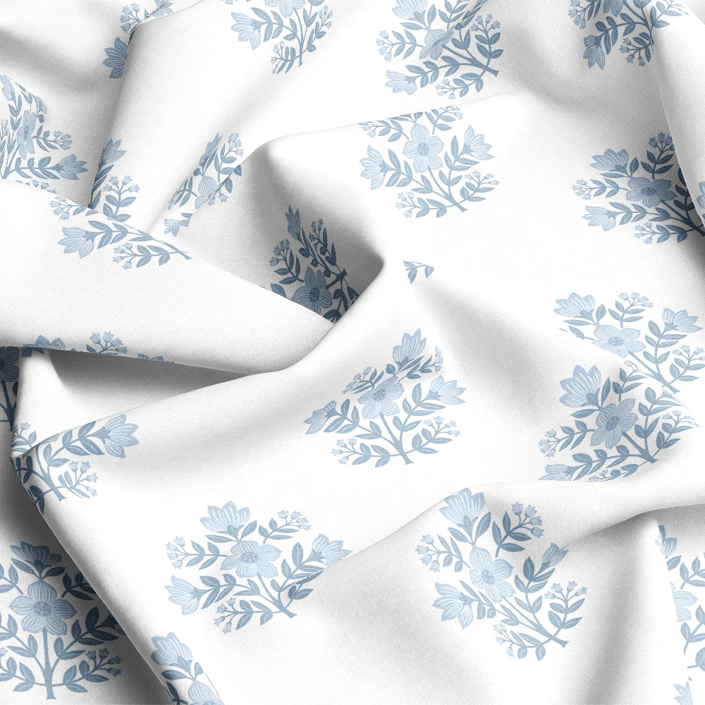 Vintage Blue Block Print Floral Motif – Custom Print Fabrics