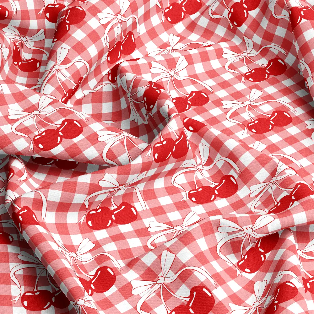 Red Cherry Bow Red Gingham Pattern – Custom Print Fabrics