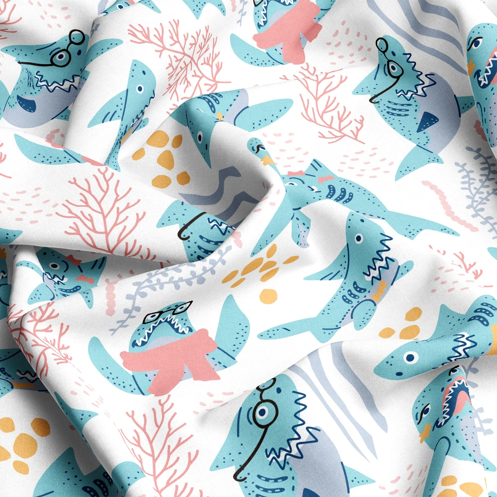 Cute Cartoon Glasses Shark Pattern – Custom Print Fabrics