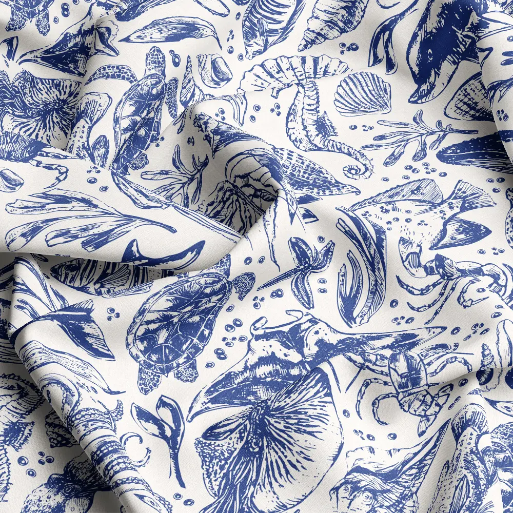 Vintage Blue Ocean Sea Life Toile Pattern – Custom Print Fabrics
