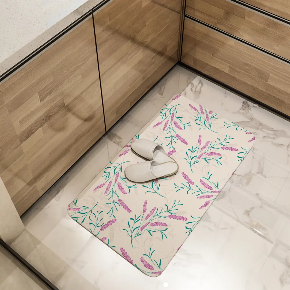 Kitchen Floor Mats – Elegant Lavender Floral with Pink & Teal Leaves