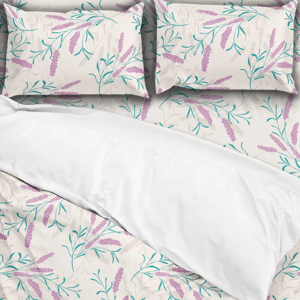 Bedding Set – Elegant Lavender Floral with Pink & Teal Leaves