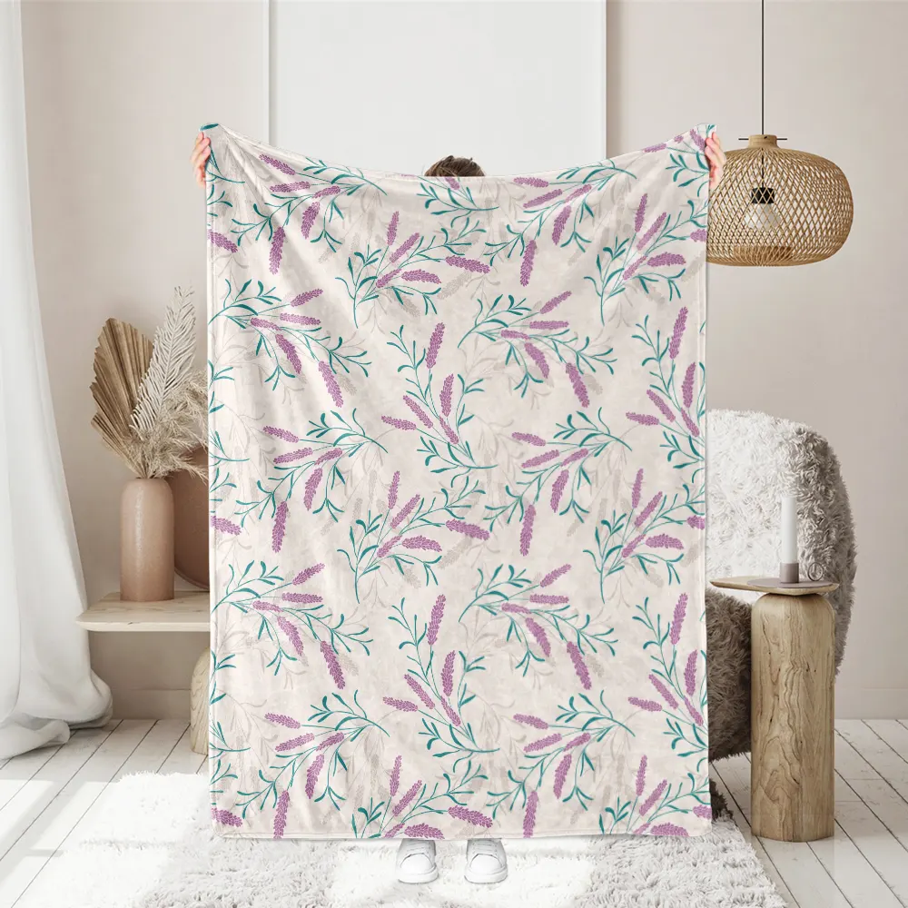 Throw Blanket – Elegant Lavender Floral with Pink & Teal Leaves