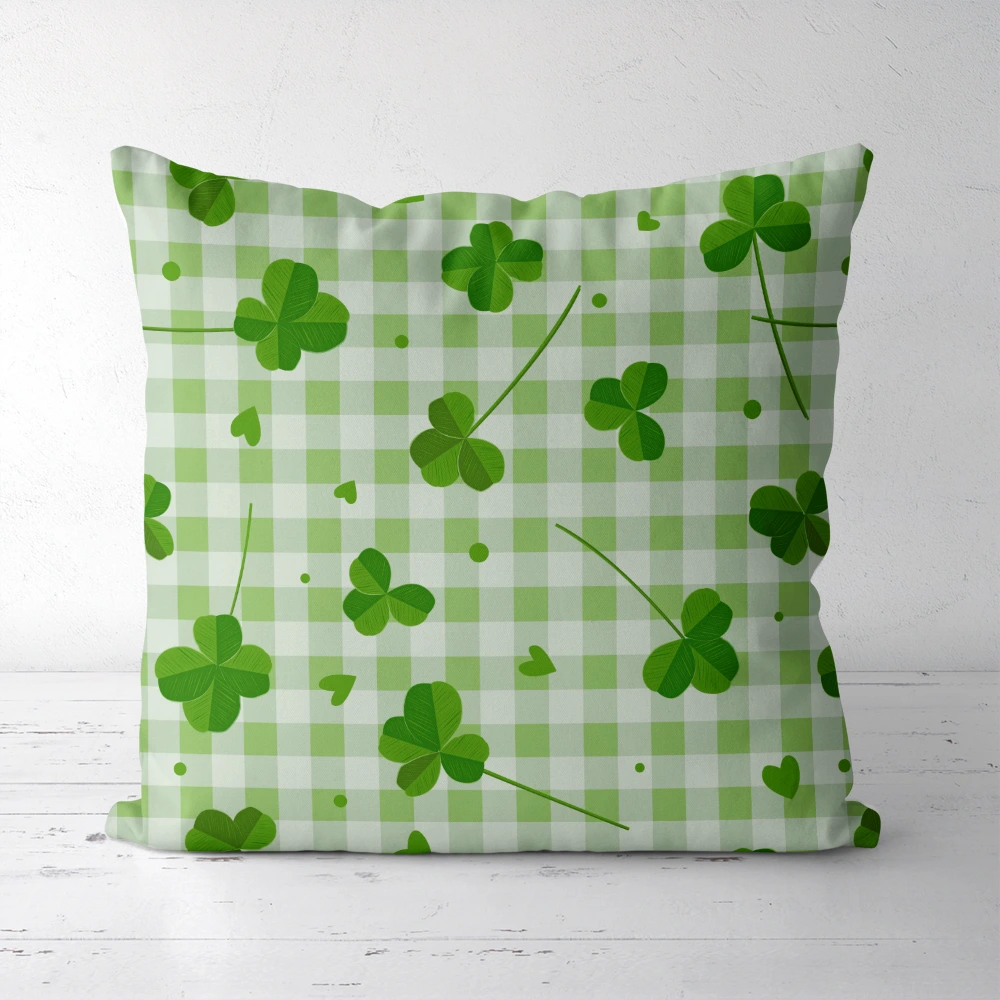 Throw Pillow – Lucky Clover Leaves Green Checkered