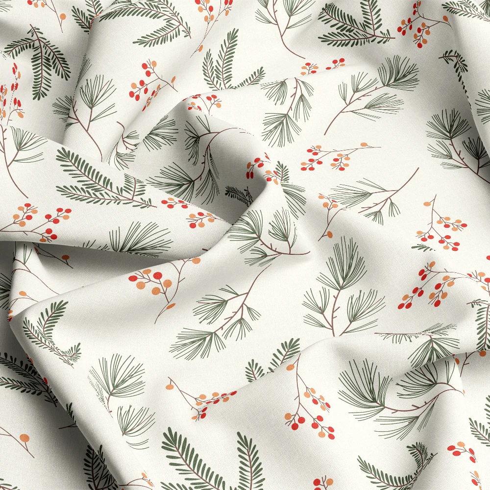 Evergreen Fir Branches & Red Berries – Custom Print Fabrics