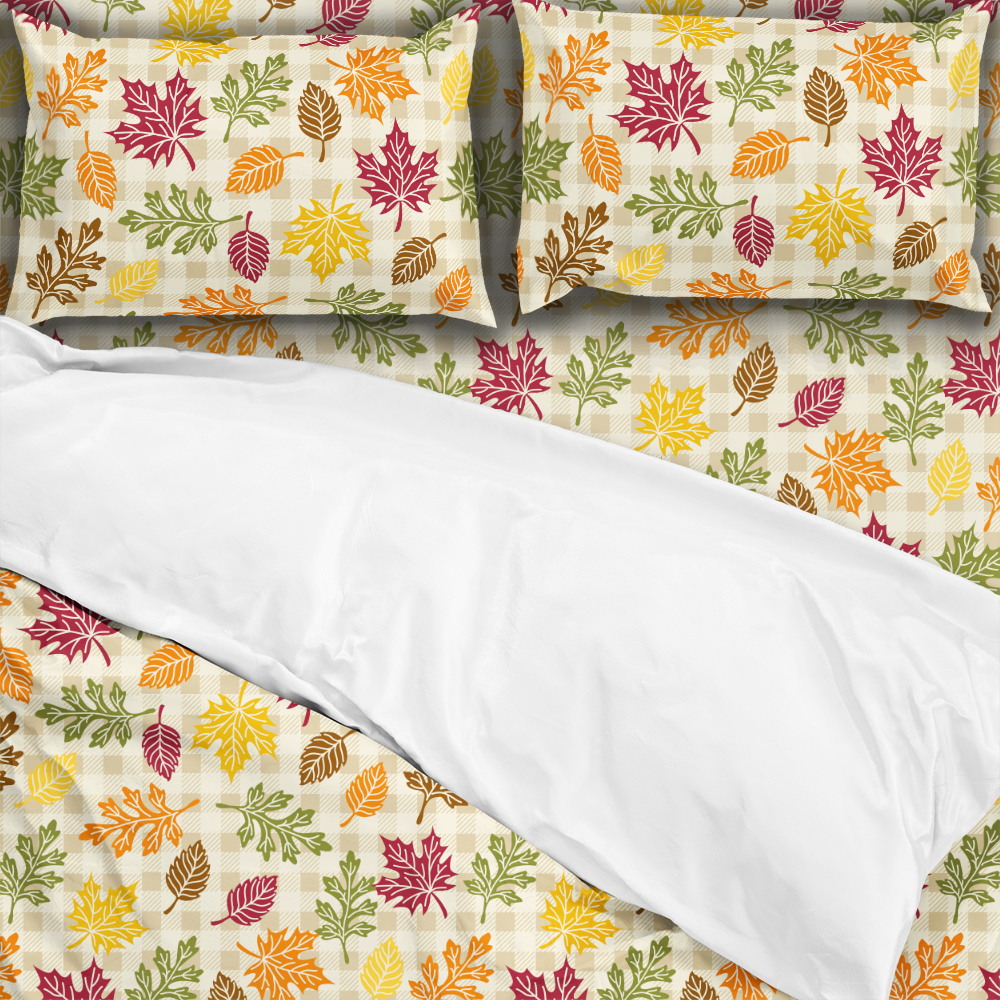Bedding Set – Autumn Plaid & Scattered Fall Leaves