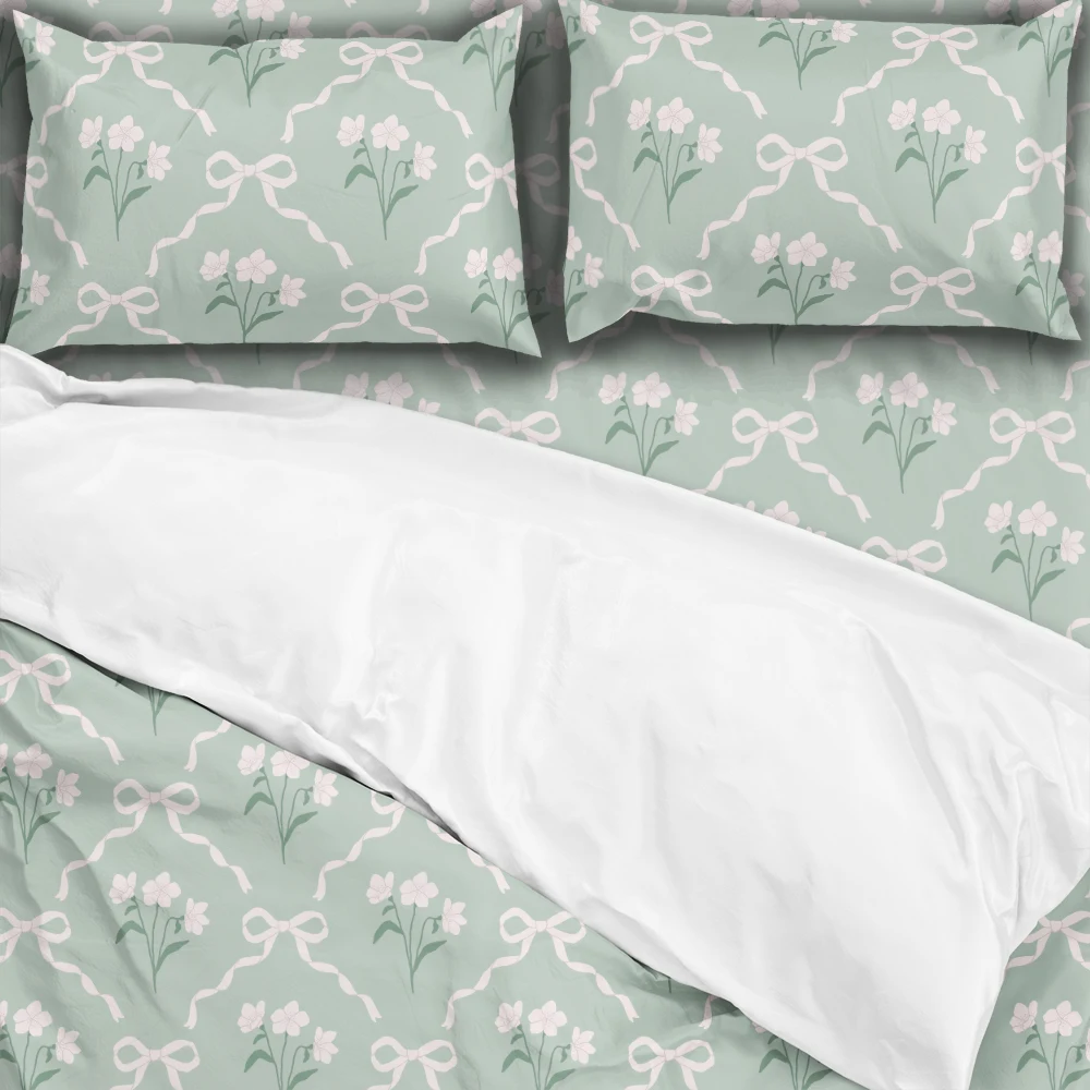 Bedding Set – Preppy Coquette White Bows & Damask