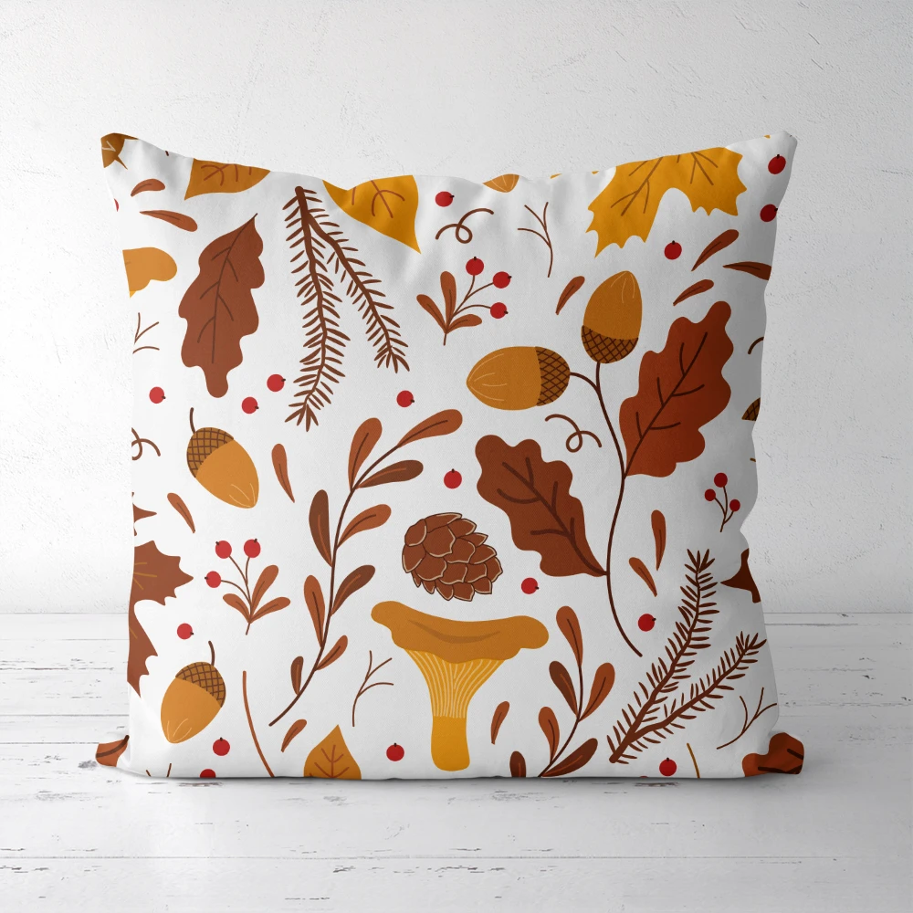 Throw Pillow – Autumn Forest Leaves & Mushrooms