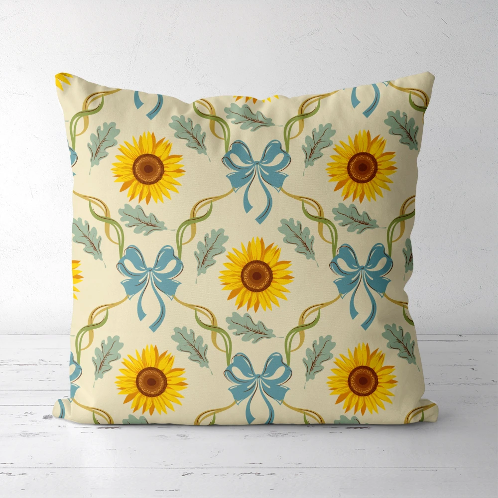 Throw Pillow – Vintage Sunflower & Blue Bows