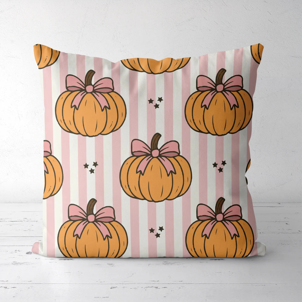 Throw Pillow – Coquette Bow Pumpkins & Pink Stripes