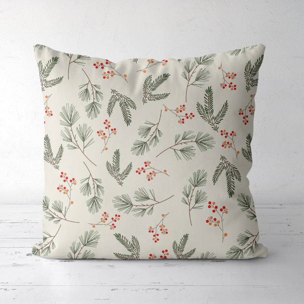 Throw Pillow – Evergreen Fir Branches & Red Berries