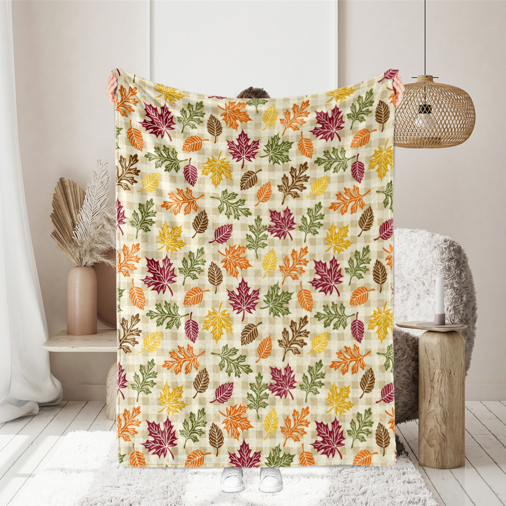 Throw Blanket – Autumn Plaid & Scattered Fall Leaves