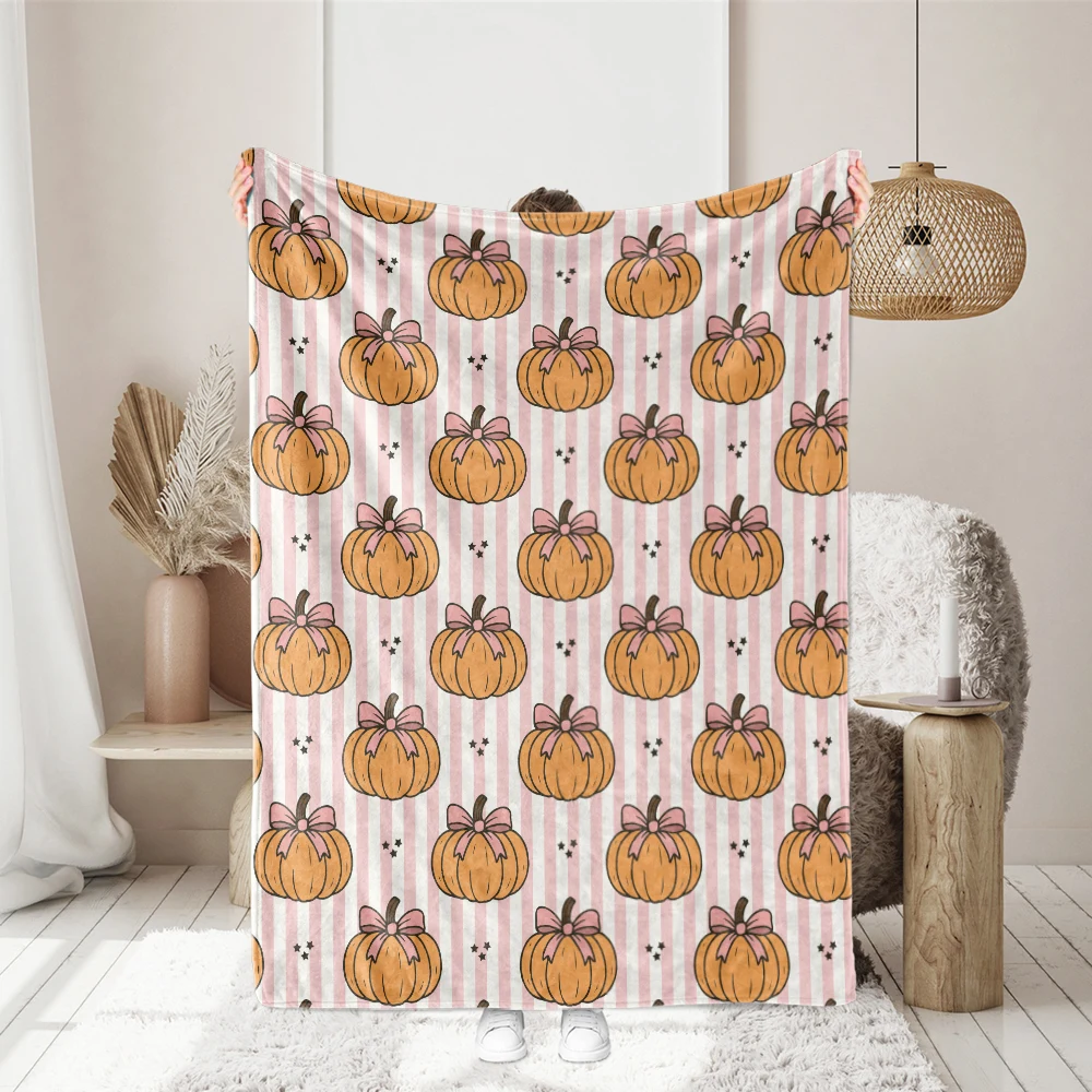 Throw Blanket – Coquette Bow Pumpkins & Pink Stripes