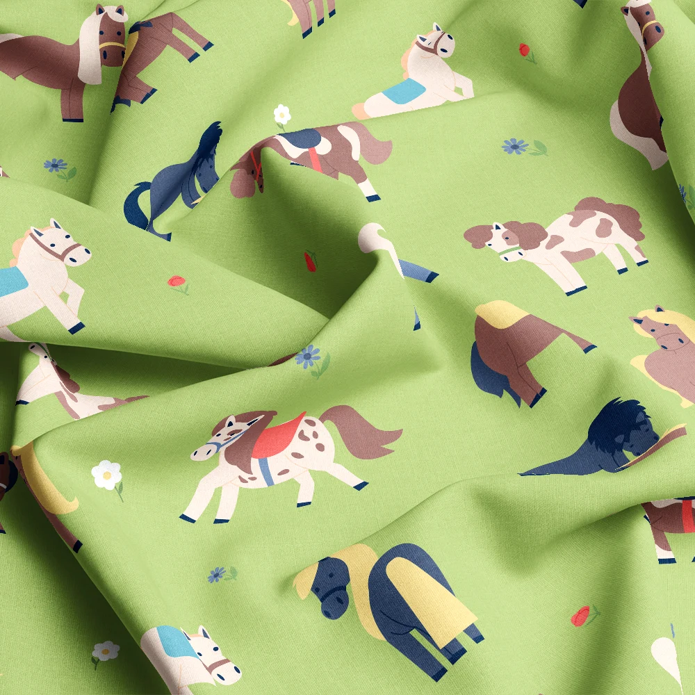Funny Flat Ponies on Green Meadow – Custom Print Fabrics