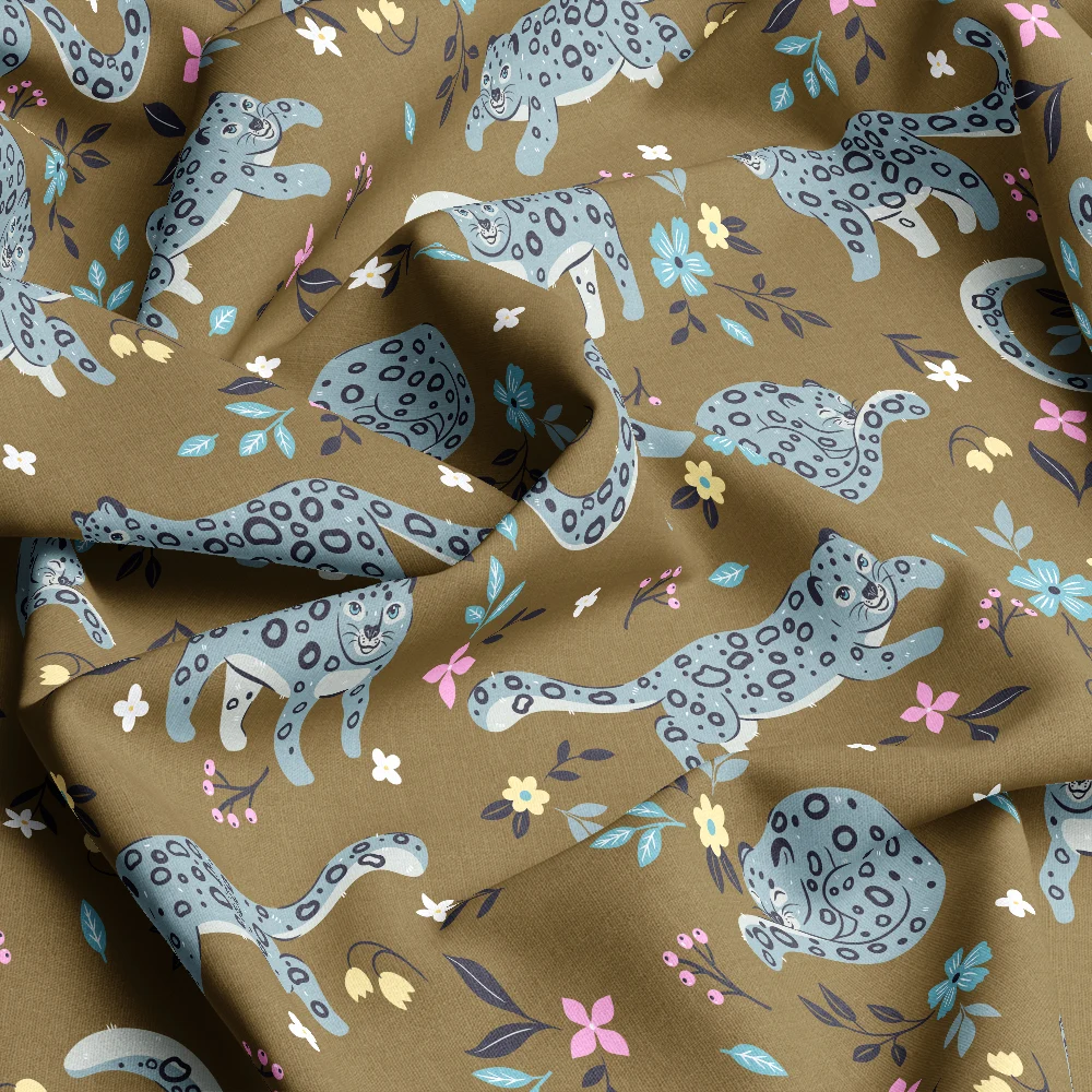 Snow Leopards & Botanical Flowers – Custom Print Fabrics