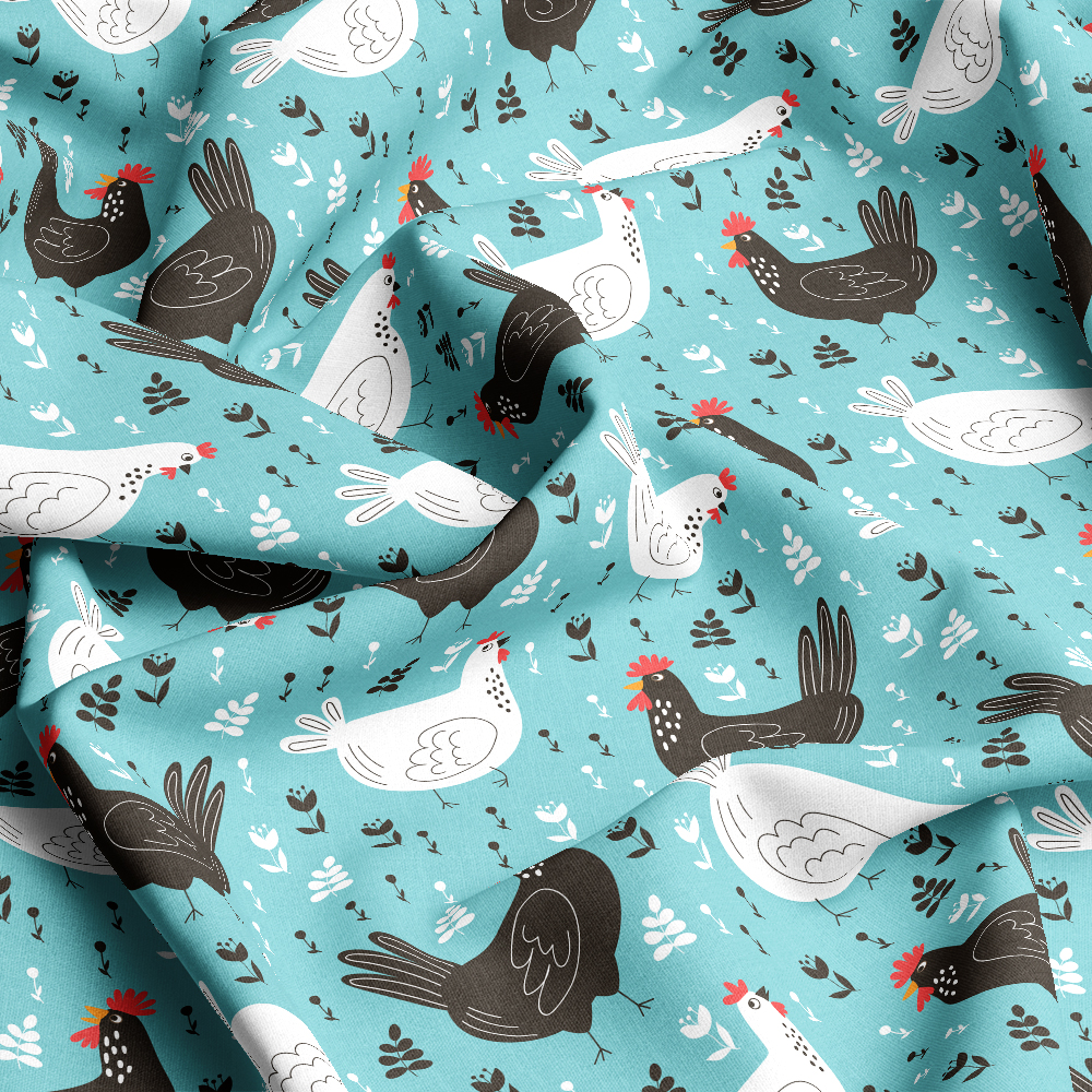 Cute Black & White Chickens on Turquoise – Custom Print Fabrics