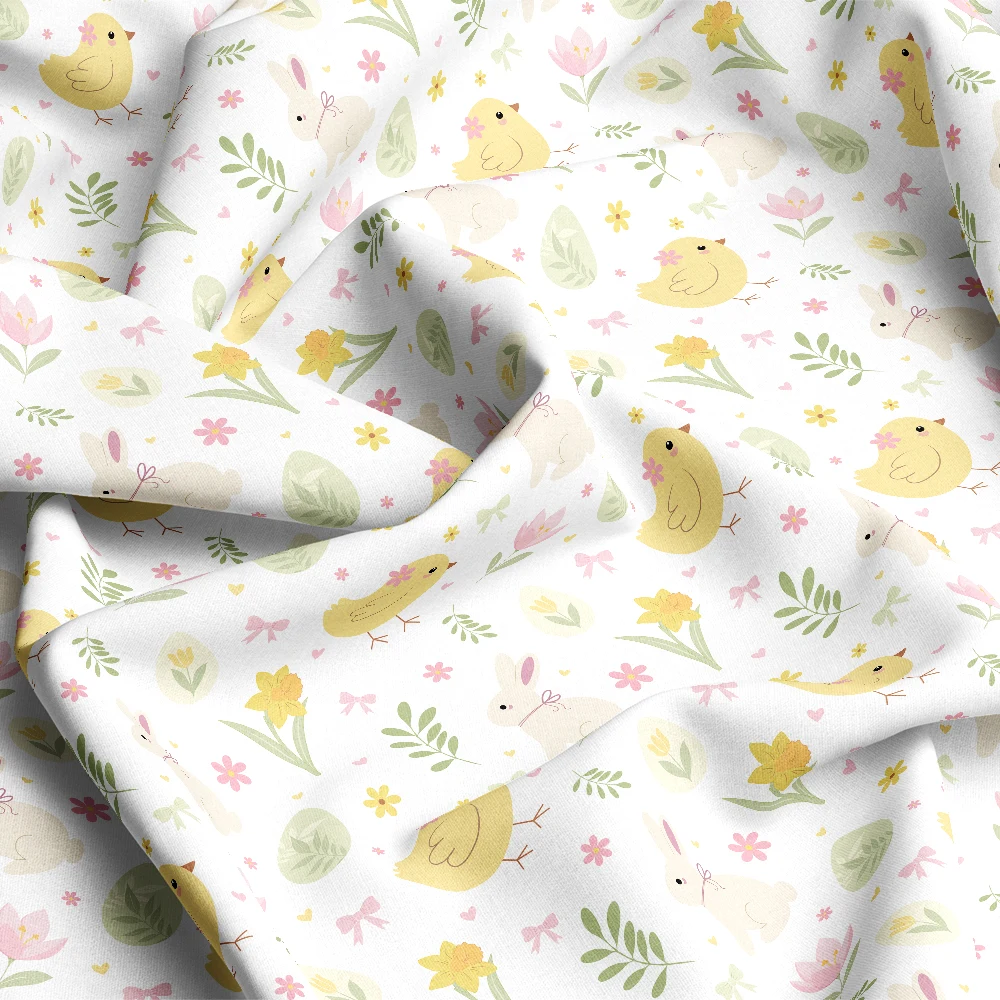 Pastel Easter Bunnies Chicks & Spring Flowers – Custom Print Fabrics