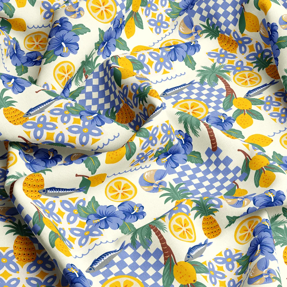 Mediterranean Lemons & Hibiscus Coastal Pattern – Custom Print Fabrics