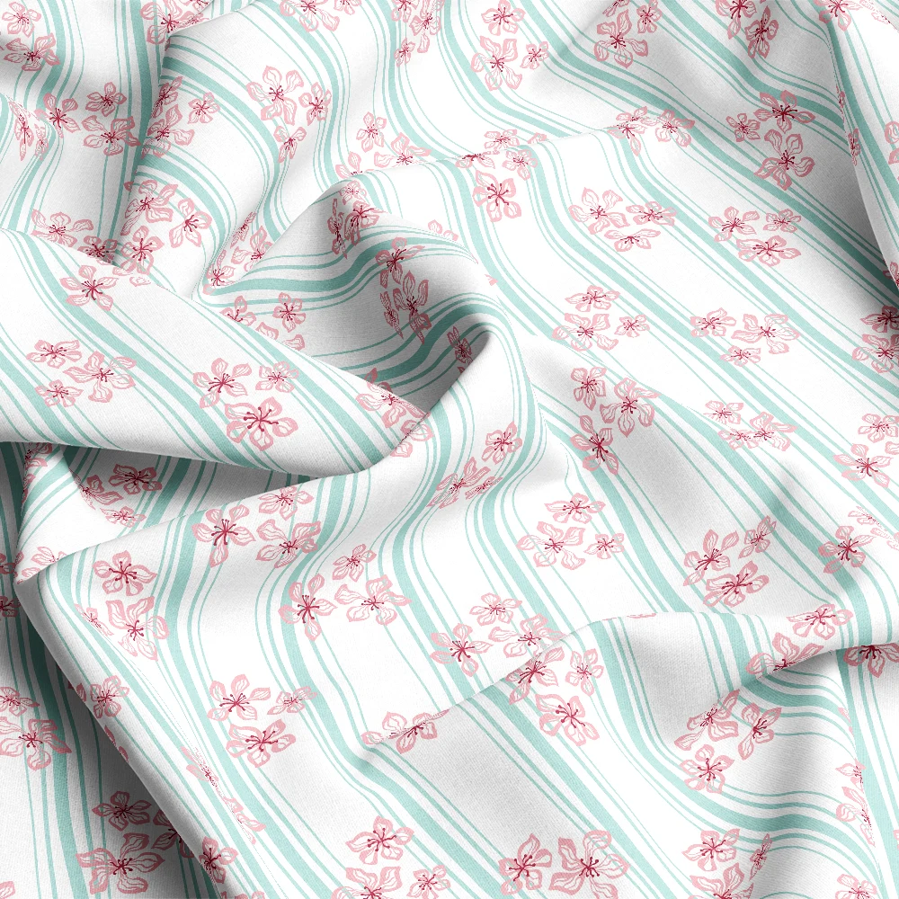 Blue Pink Floral Vertical Stripes – Custom Print Fabrics