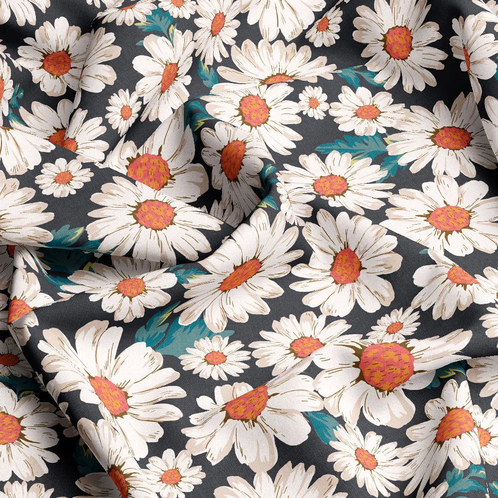 Serenity Vintage Black Daisy Floral – Custom Print Fabrics