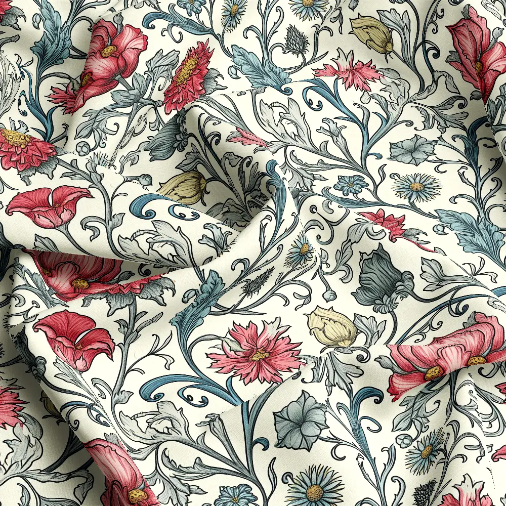 William Morris Red Floral Leaves Pattern – Custom Print Fabrics