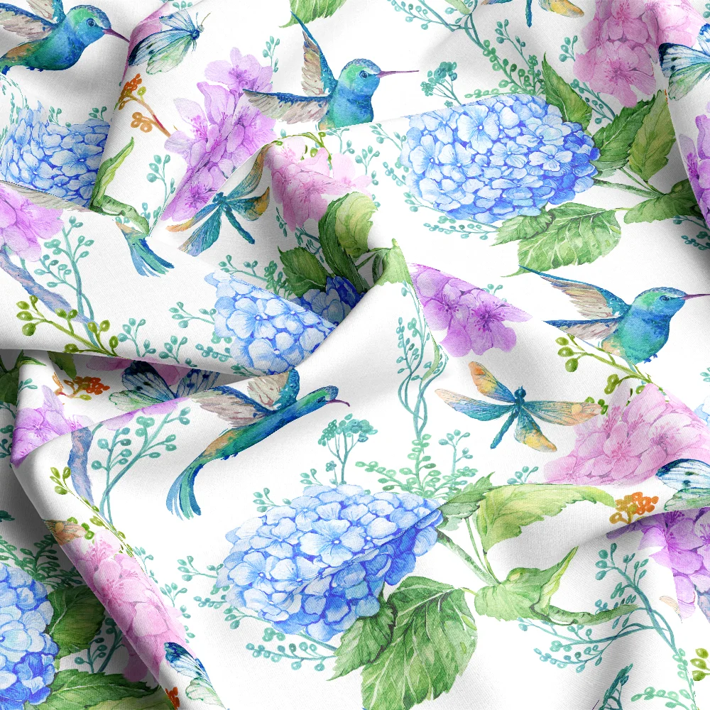 Vibrant Hydrangea Hummingbird Floral – Custom Print Fabrics