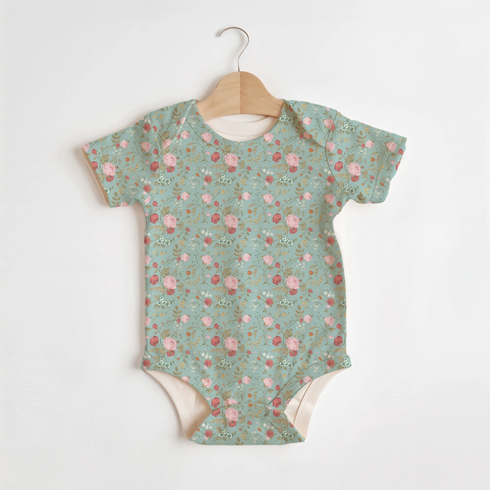 Summer Baby/Toddler Short-Sleeve Romper With Crotch Snaps – 	Vintage Rose Tulip Garden Flowers