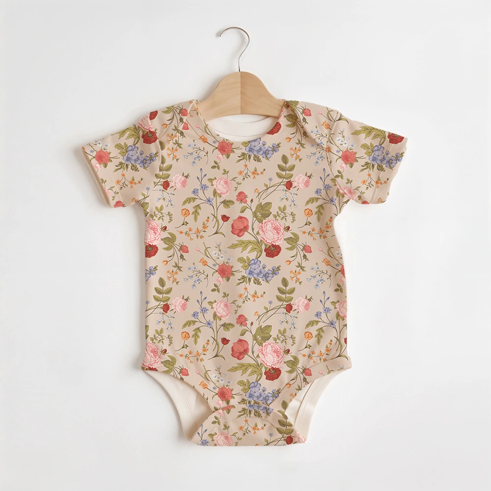 Summer Baby/Toddler Short-Sleeve Romper With Crotch Snaps – Victorian Coral Rose Garden Flowers