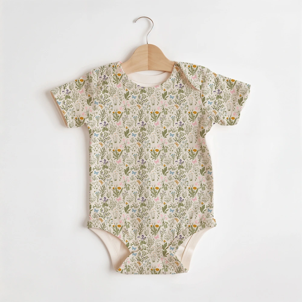 Summer Baby/Toddler Short-Sleeve Romper With Crotch Snaps – Vintage Botanical Wildflowers & Herbs