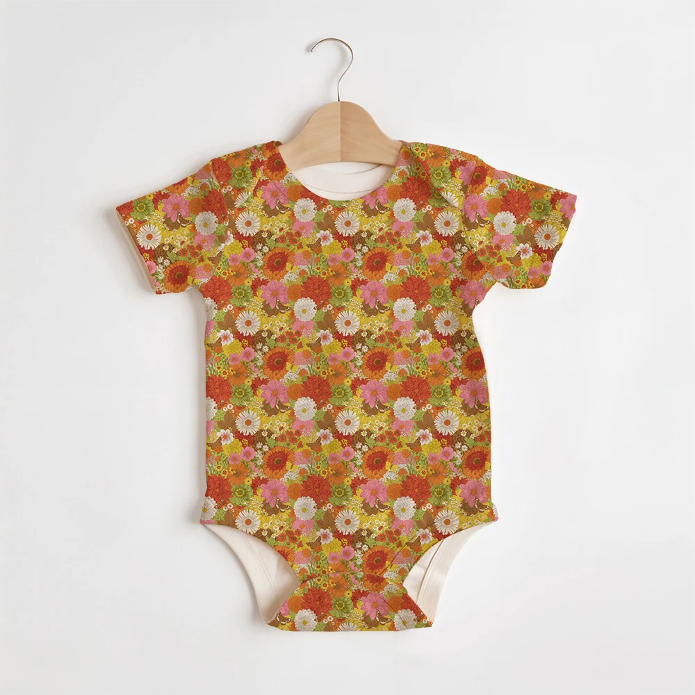 Summer Baby/Toddler Short-Sleeve Romper With Crotch Snaps – Retro Autumn Flowers & Butterflies