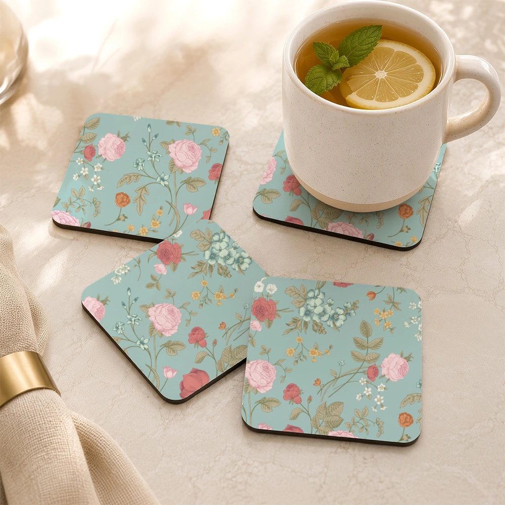 PU Leather Coaster - Vintage Rose Tulip Garden Flowers