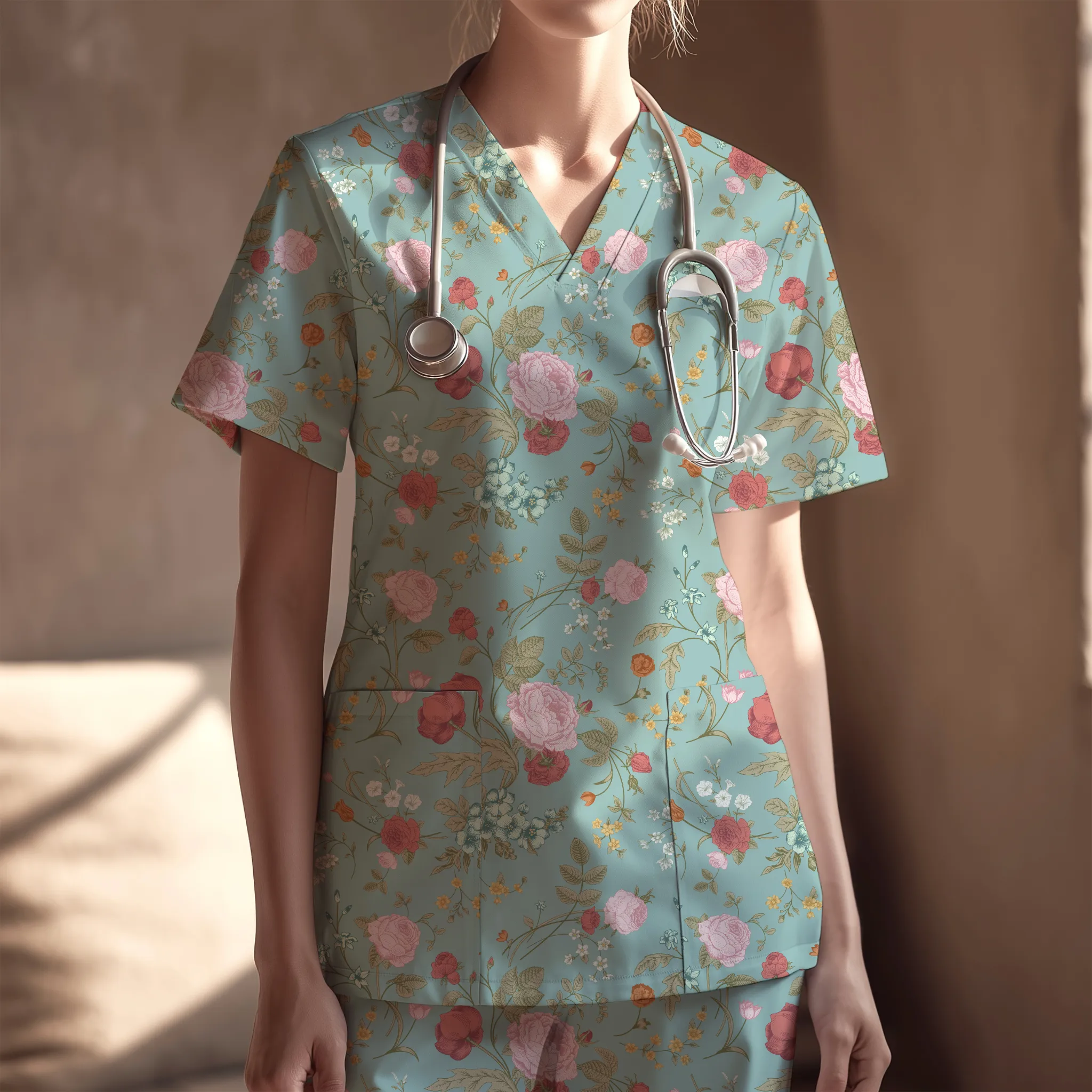 Women's Nurse Scrubs Set – Vintage Rose Tulip Garden Flowers