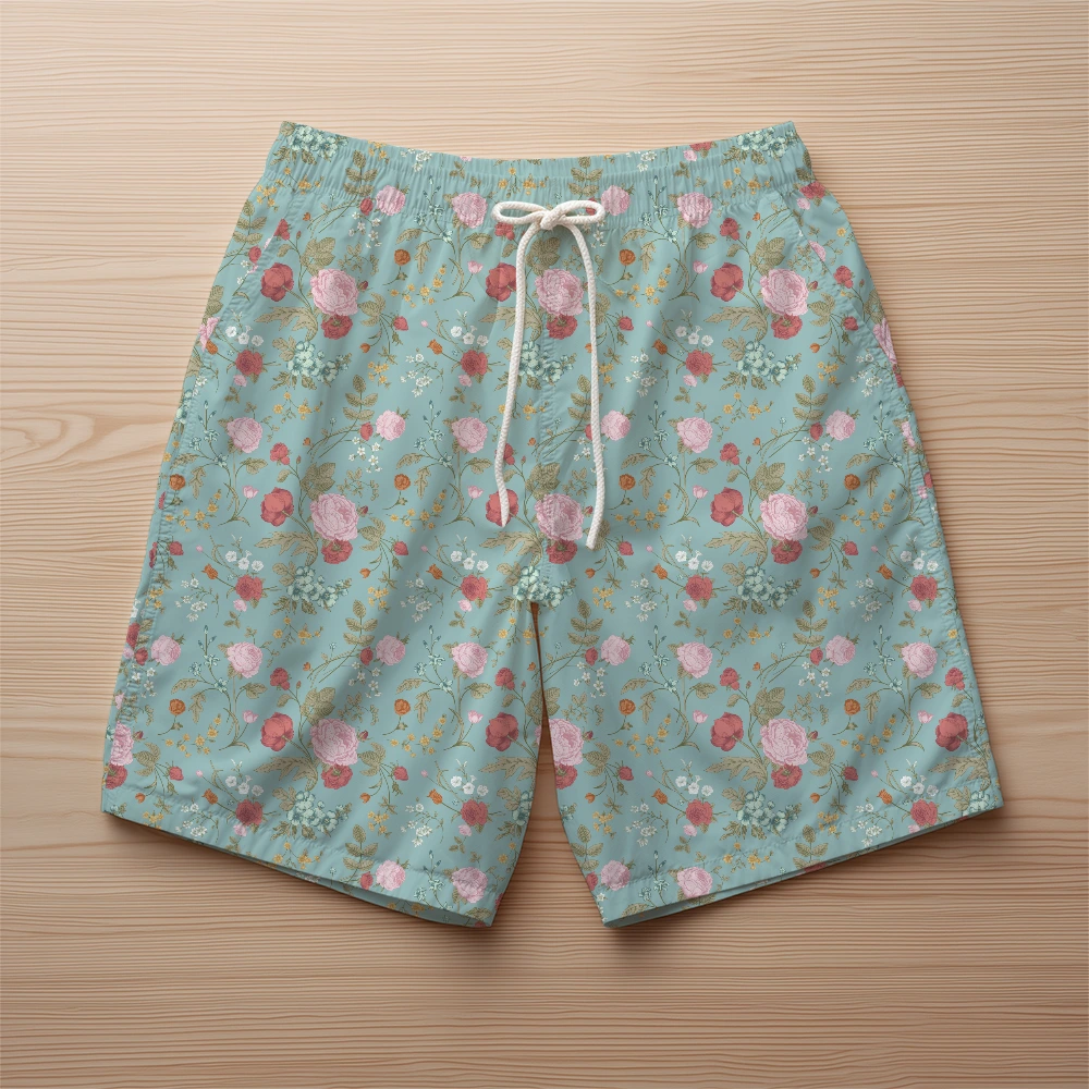 Beach Shorts – Vintage Rose Tulip Garden Flowers