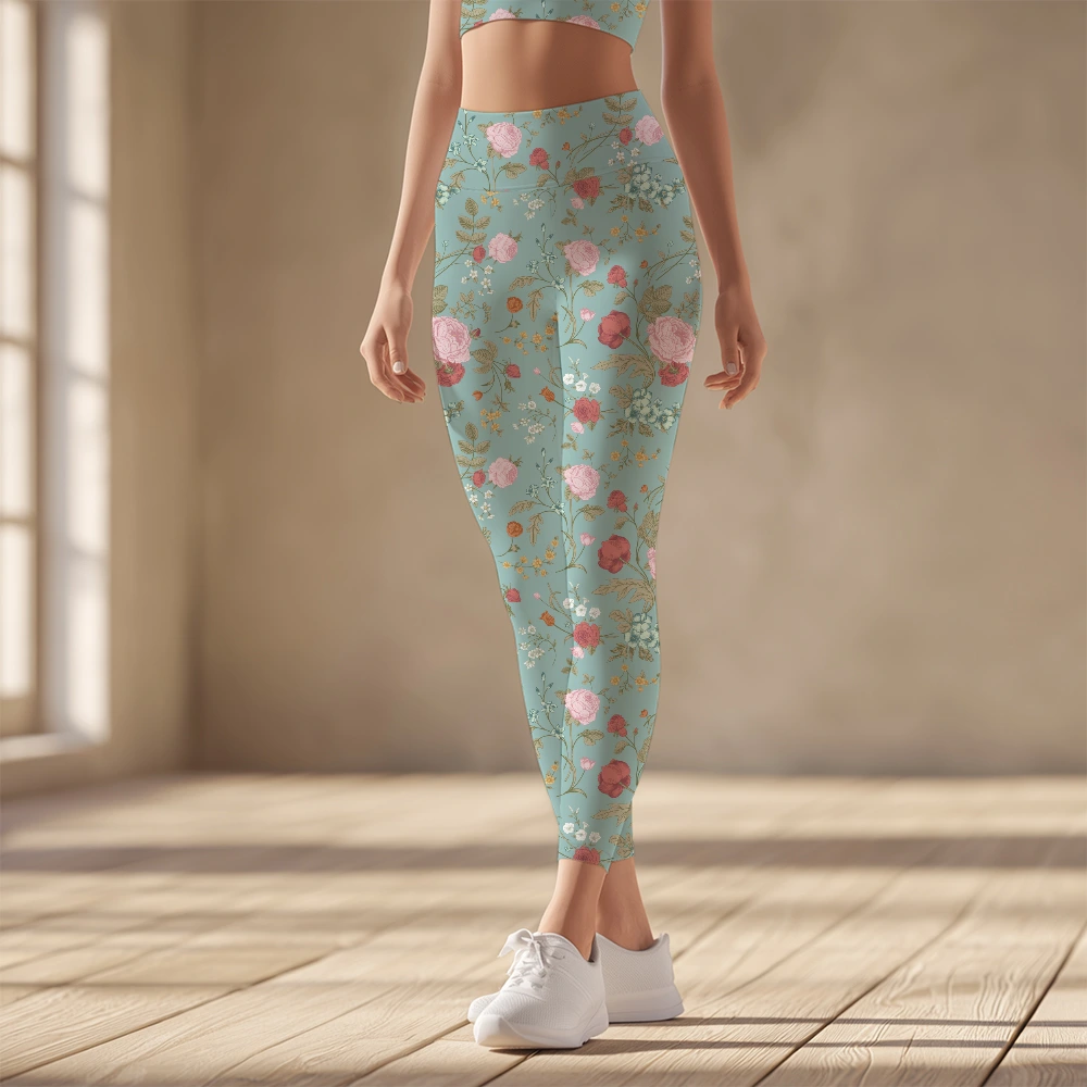 Women's Yoga Leggings – Vintage Rose Tulip Garden Flowers