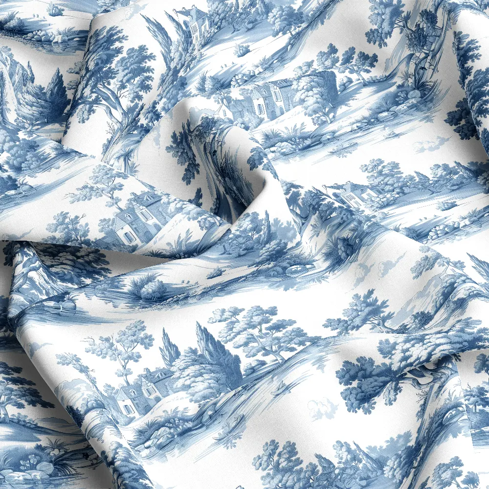 Vintage Blue Lake Floral Scene – Custom Print Fabrics