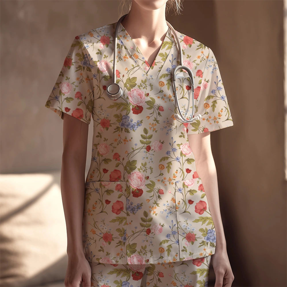 Women's Nurse Scrubs Set – Victorian Coral Rose Garden Flowers
