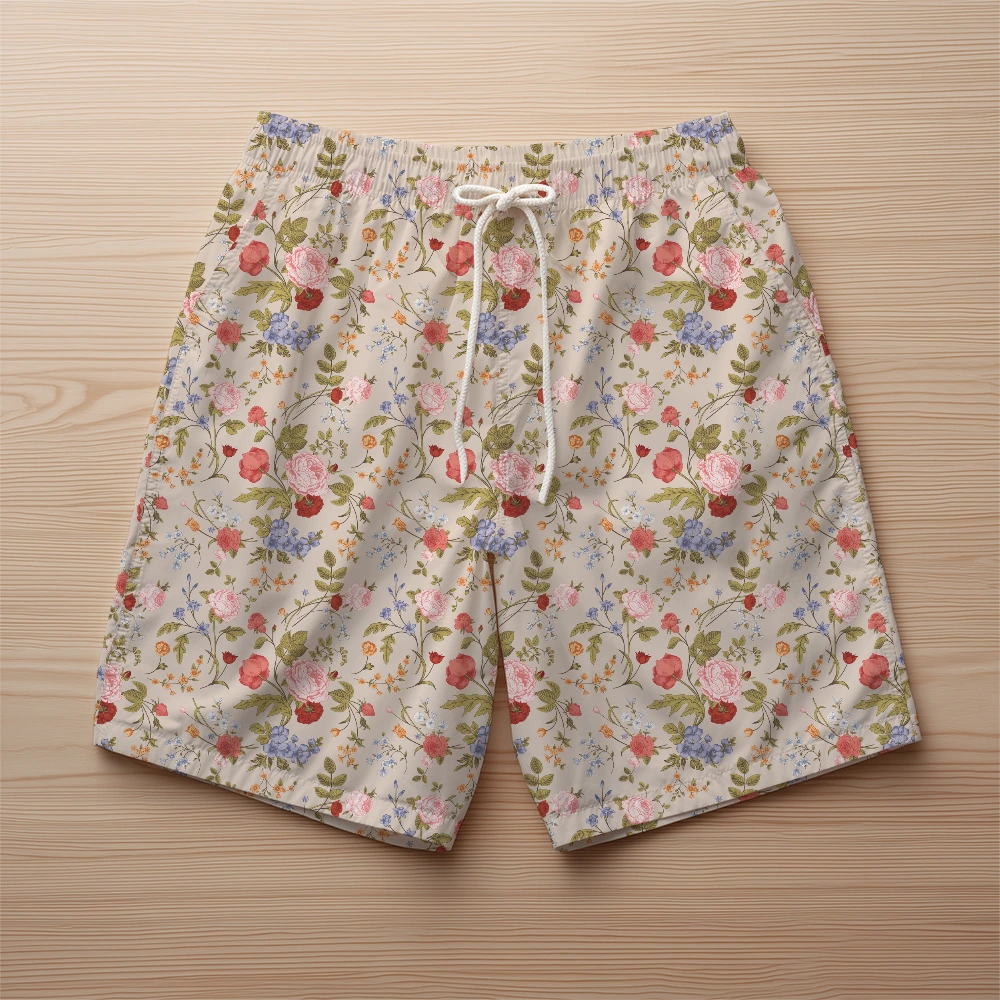 Beach Shorts – Victorian Coral Rose Garden Flowers