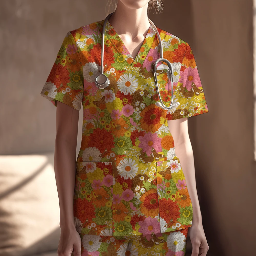Women's Nurse Scrubs Set – Retro Autumn Flowers & Butterflies