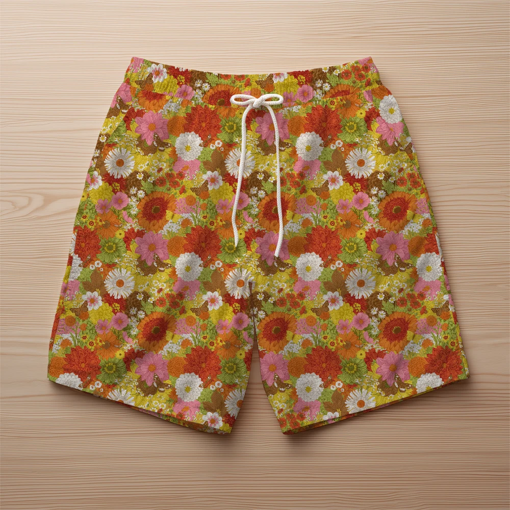 Beach Shorts – Retro Autumn Flowers & Butterflies