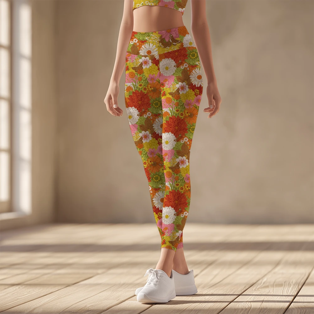 Women's Yoga Leggings – Retro Autumn Flowers & Butterflies